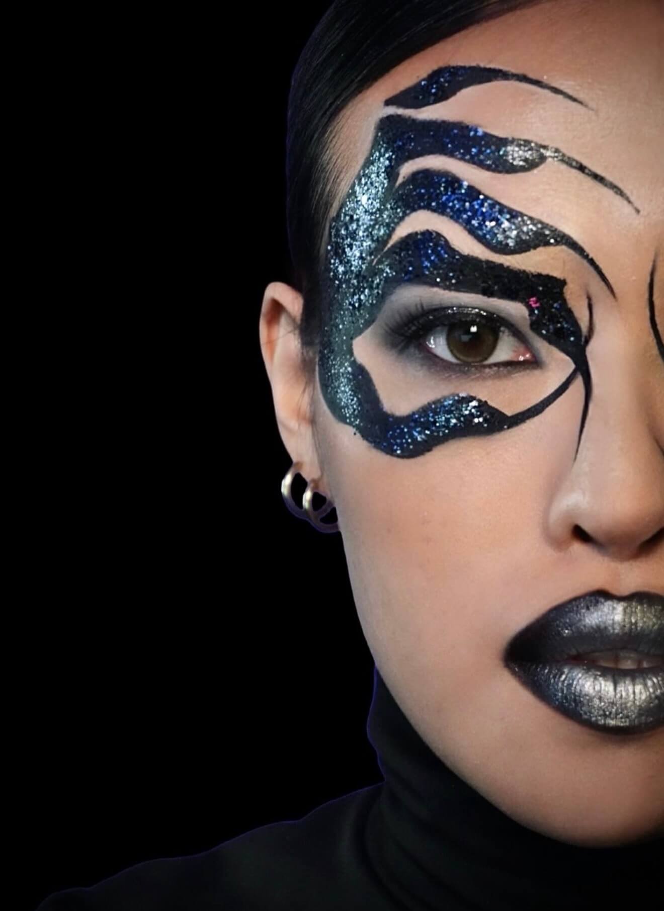 Glitter black eye makeup close-up